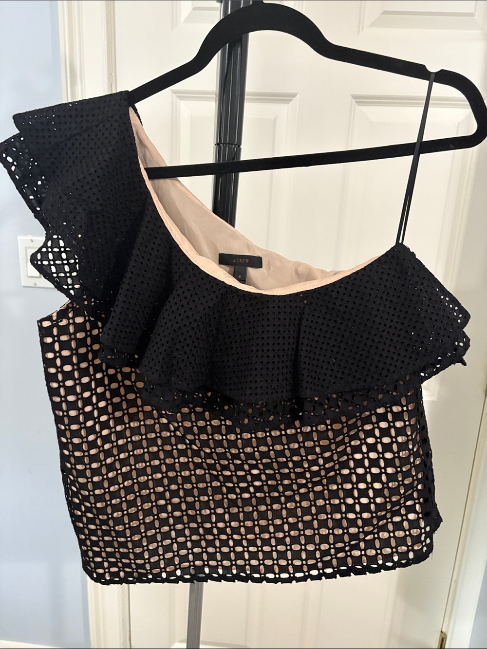 J. Crew Black Eyelet One-Shoulder Ruffle Camisole with Nude Lining